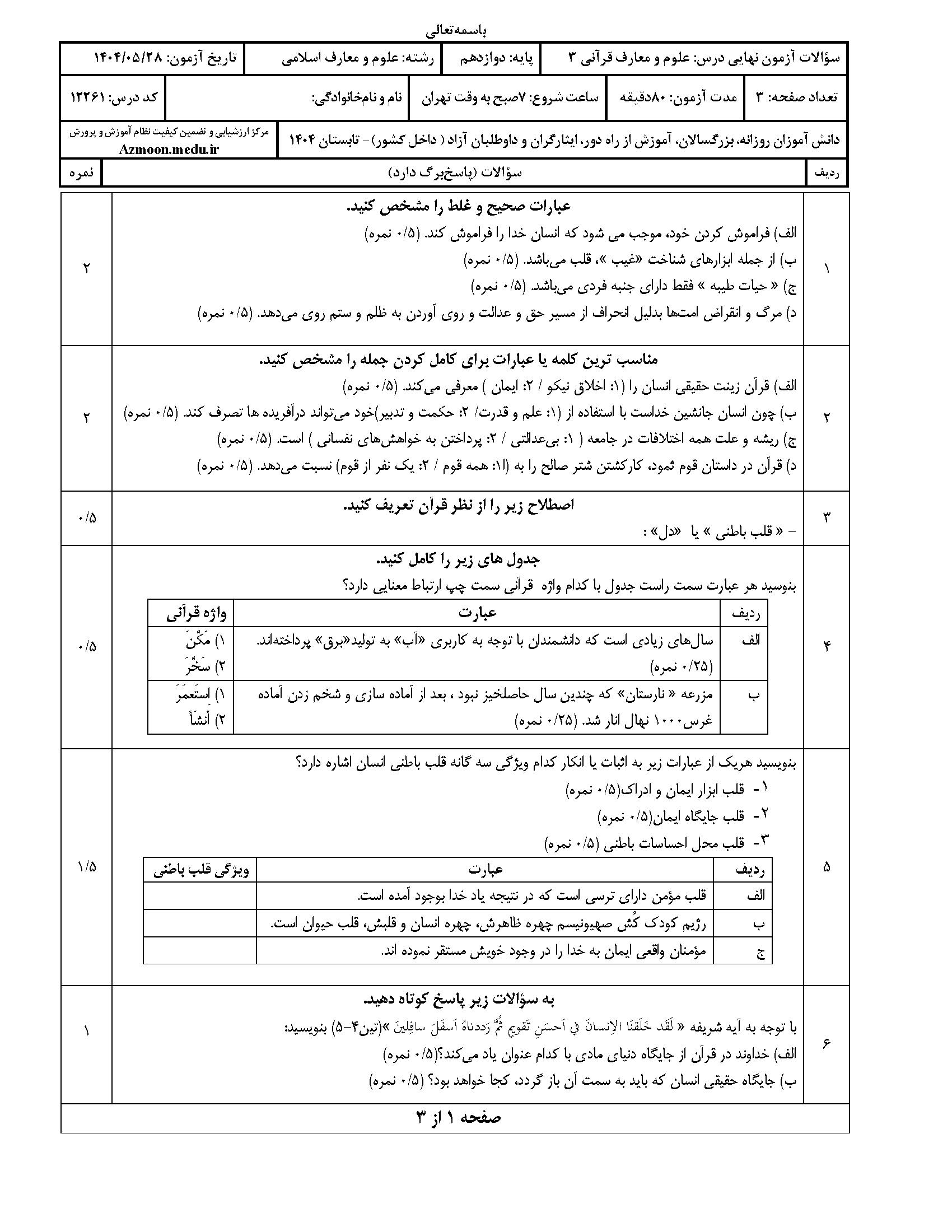 سوالات امتحان نهایی علوم و معارف‌ قرآنی ۳ دوازدهم