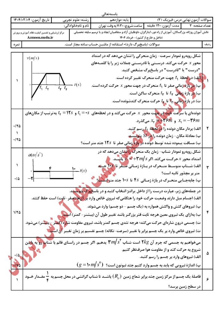 دانلود سوالات امتحان نهایی فیزیک ۳ رشته تجربی