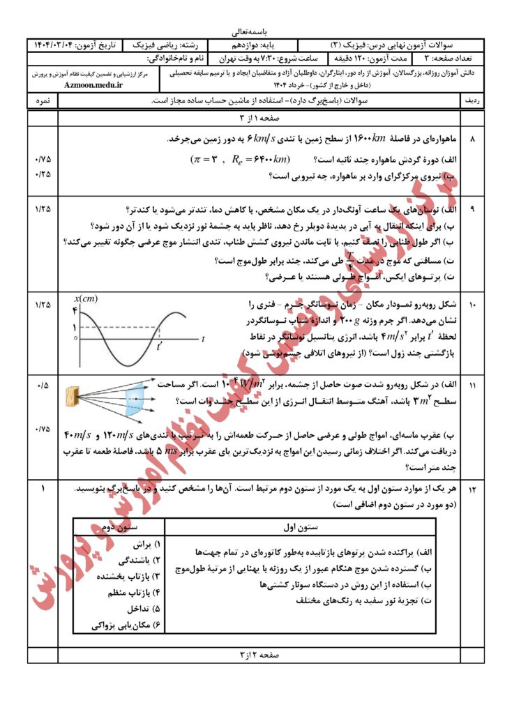 دانلود سوالات امتحان نهایی فیزیک ۳ رشته ریاضی