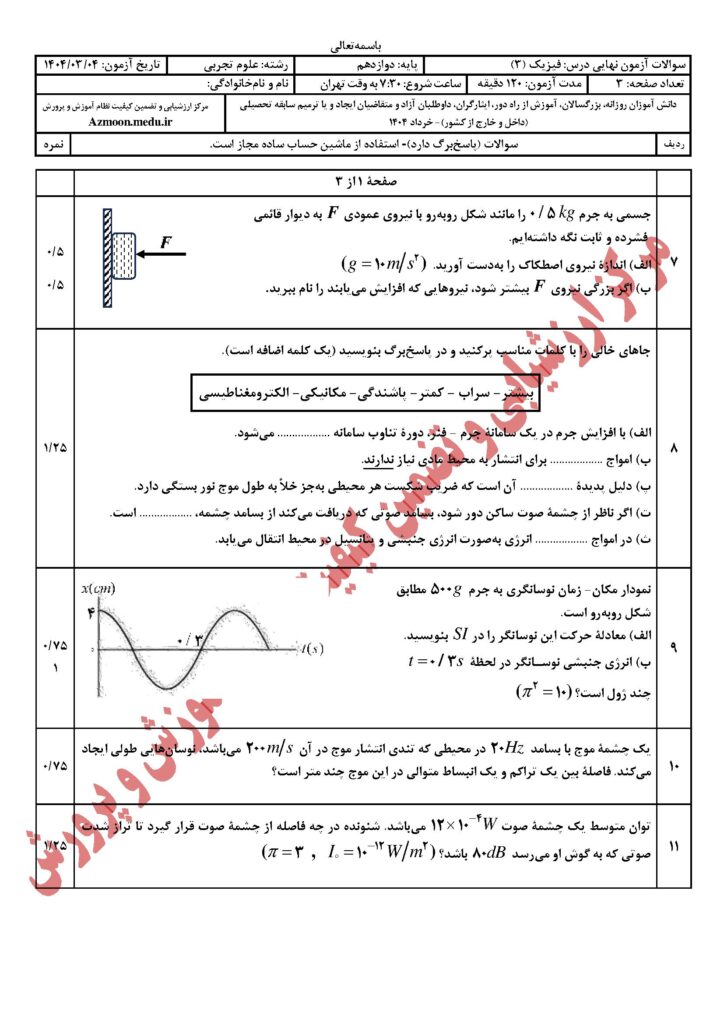 دانلود سوالات امتحان نهایی فیزیک ۳ رشته تجربی
