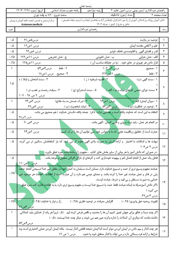پاسخنامه سوالات امتحان نهایی اصول و عقاید ۳ رشته معارف اسلامی