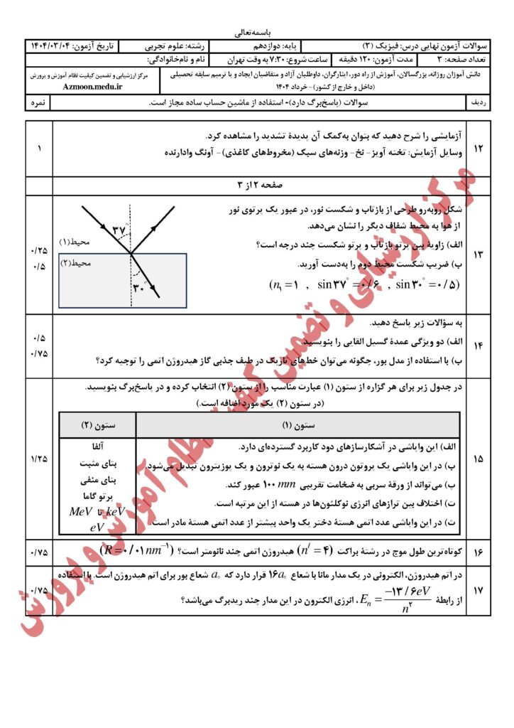 سوالات امتحان نهایی فیزیک ۳ رشته تجربی