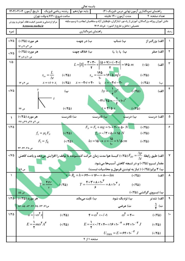 جواب سوالات امتحان نهایی فیزیک ۳ رشته ریاضی