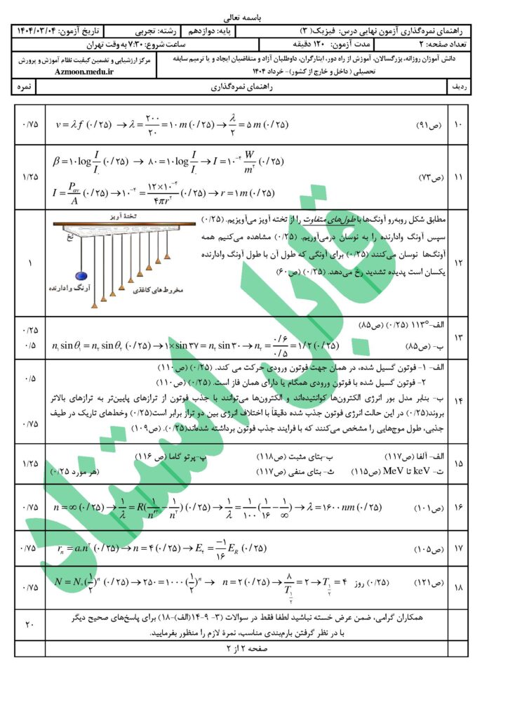 جواب سوالات امتحان نهایی فیزیک ۳ رشته تجربی