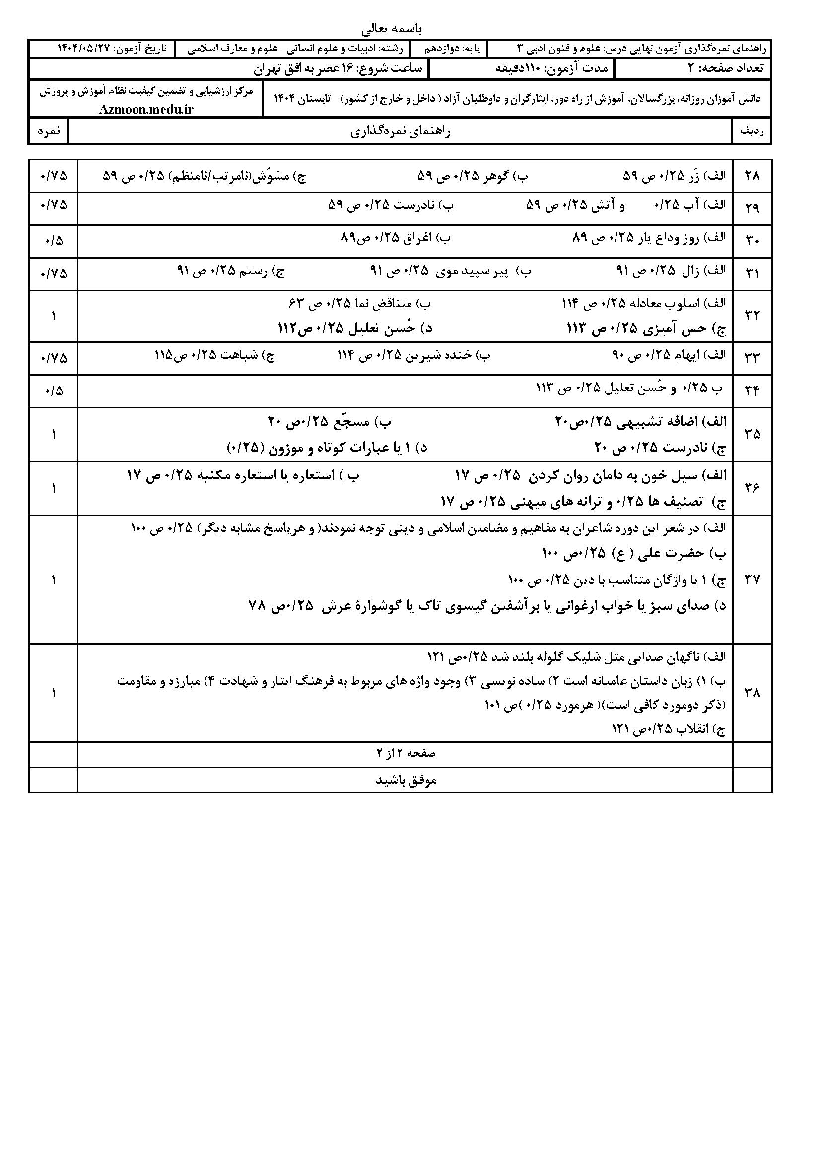 سوالات امتحان نهایی ریاضی و آمار ۳ دوازدهم شهریور ۱۴۰۴
