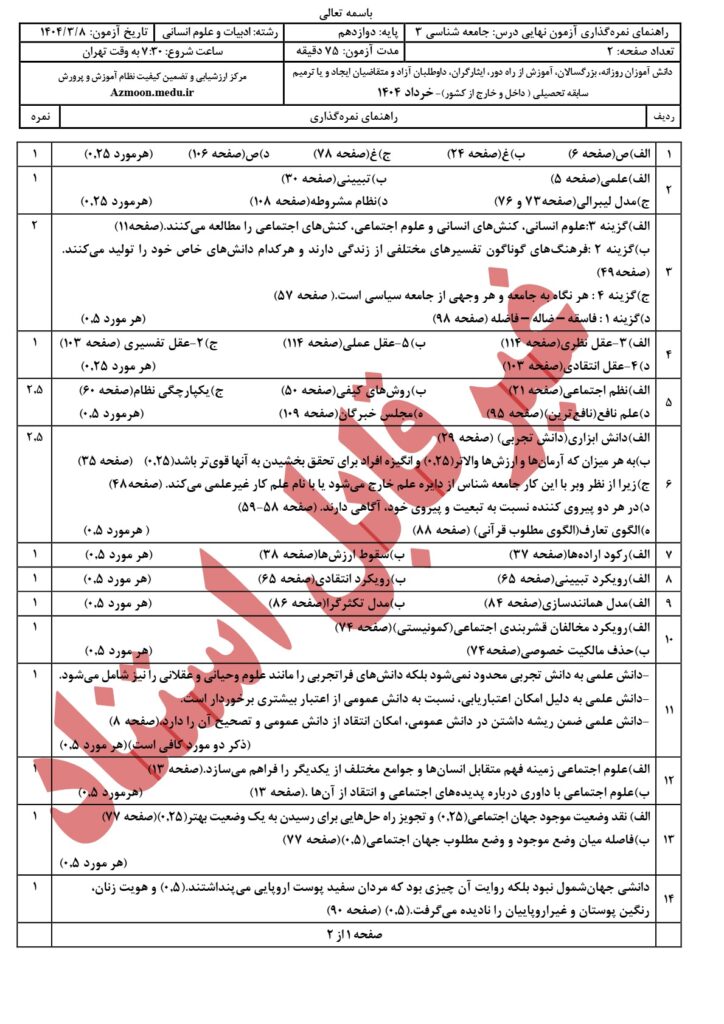 جواب سوالات امتحان نهایی جامعه شناسی دوازدهم انسانی
