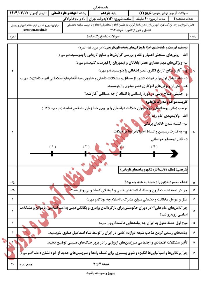 سوالات امتحان نهایی تاریخ ۲ رشته انسانی خرداد ۱۴۰۴
