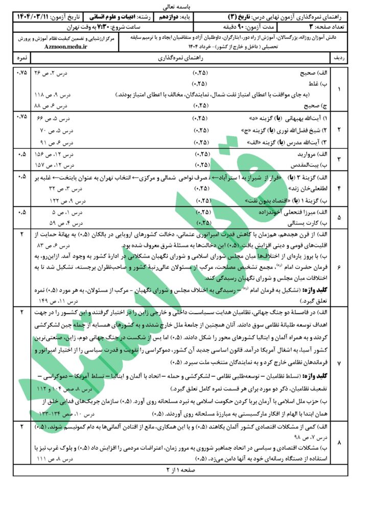جواب تاریخ ۳ رشته انسانی خرداد ۱۴۰۴