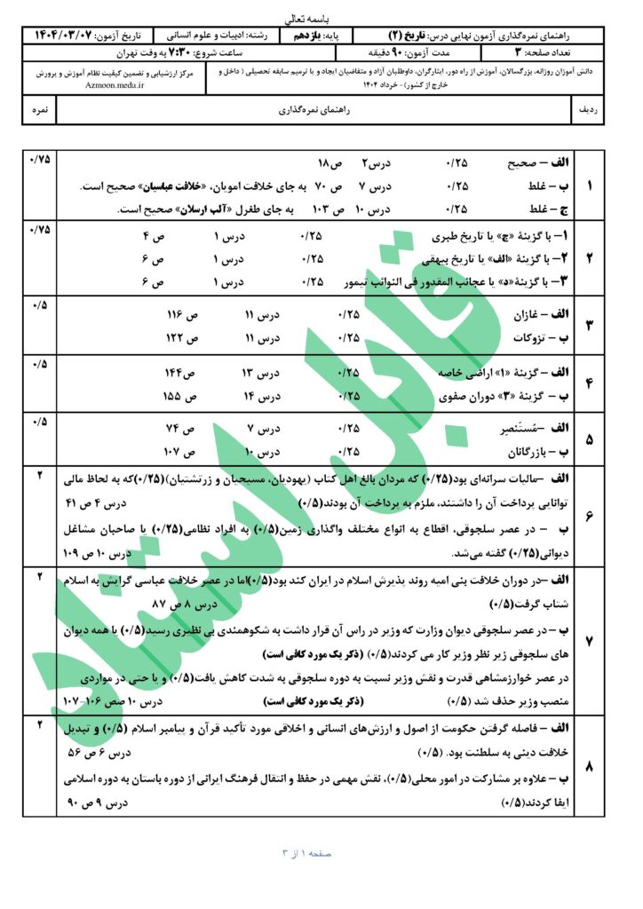 جواب سوالات امتحان نهایی تاریخ ۲ رشته انسانی خرداد ۱۴۰۴