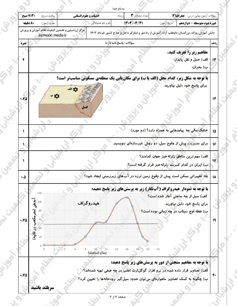 سوالات امتحان نهایی جغرافیا ۳ دوازدهم خرداد ۱۴۰۳