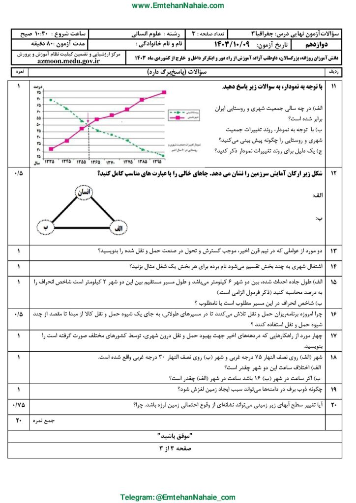 سوالات امتحان نهایی جغرافیا ۳ دوازدهم انسانی دی ۱۴۰۳