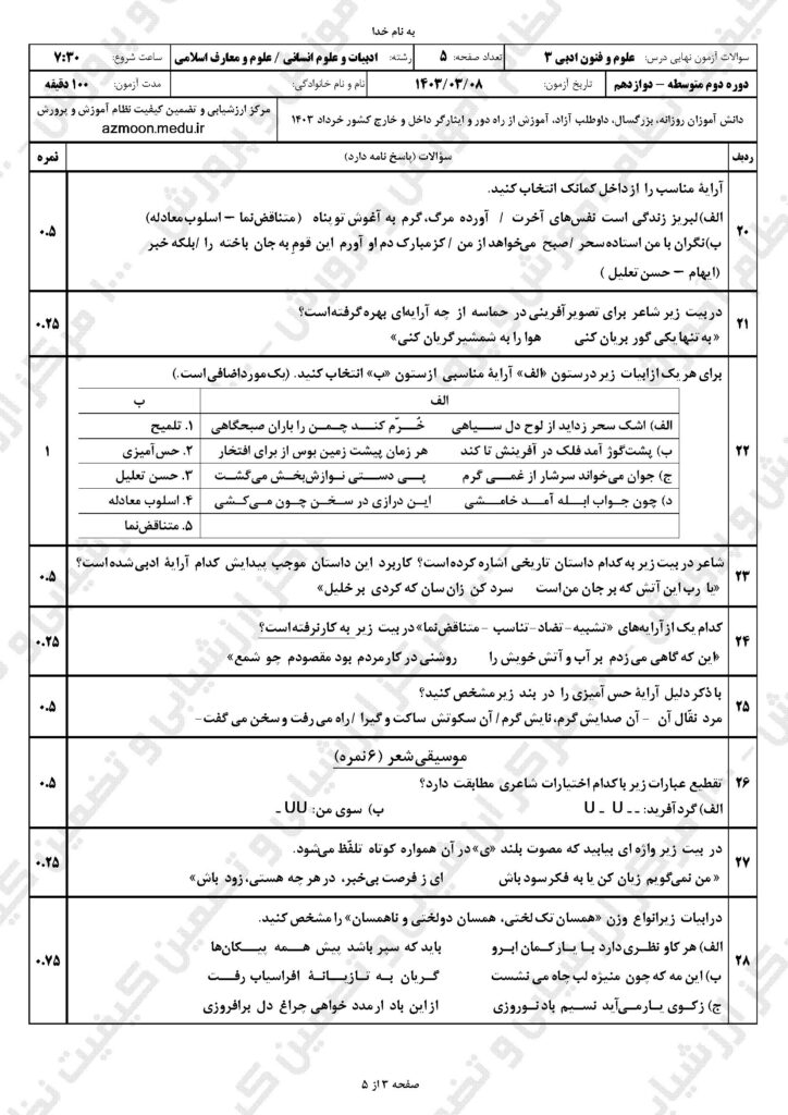 سوالات امتحان نهایی علوم و فنون ادبی ۳ دوازدهم انسانی و معارفاسلامی خرداد ۱۴۰۳