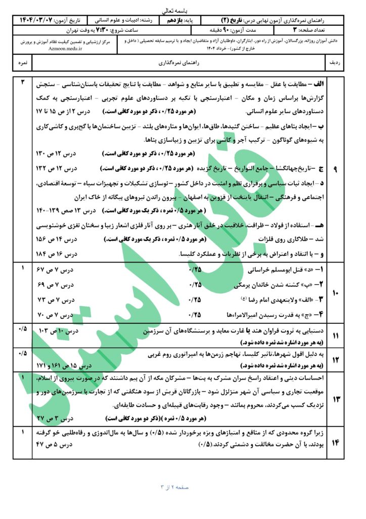 جواب سوالات امتحان نهایی تاریخ ۲ رشته انسانی خرداد ۱۴۰۴
