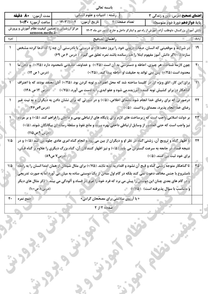 جواب سوالات امتحان نهایی دین و زندگی ۳ دوازدهم انسانی دی ۱۴۰۳