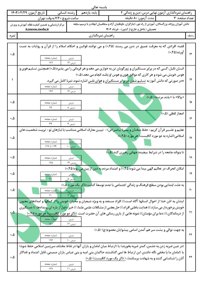 جواب دینی ۲ رشته انسانی خرداد ۱۴۰۴