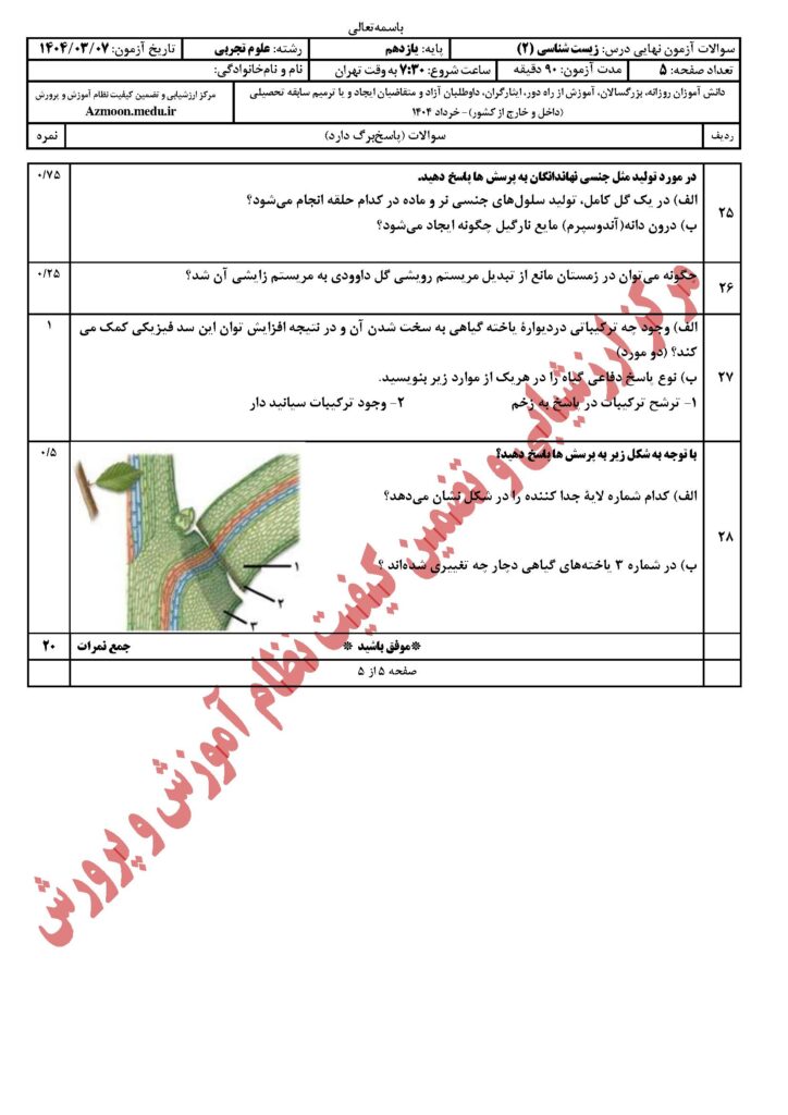 سوالات امتحان نهایی زیست شناسی ۲ رشته تجربی خرداد ۱۴۰۴