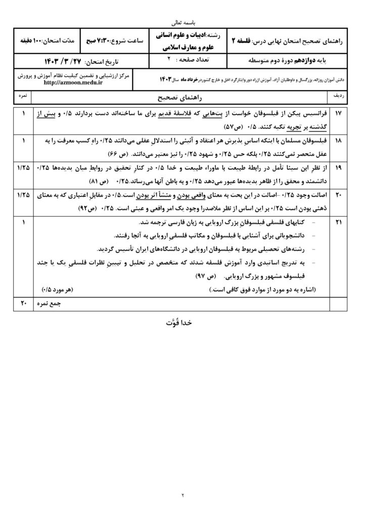 جواب سوالات امتحان نهایی فلسفه ۲ دوازدهم انسانی و معارف‌اسلامی خرداد ۱۴۰۳