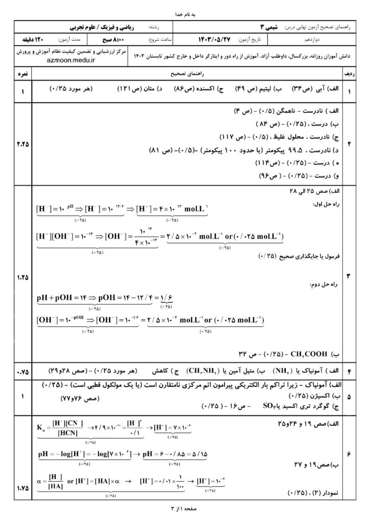 ج شیمی ۳ ت و ر ش ۴۰۳