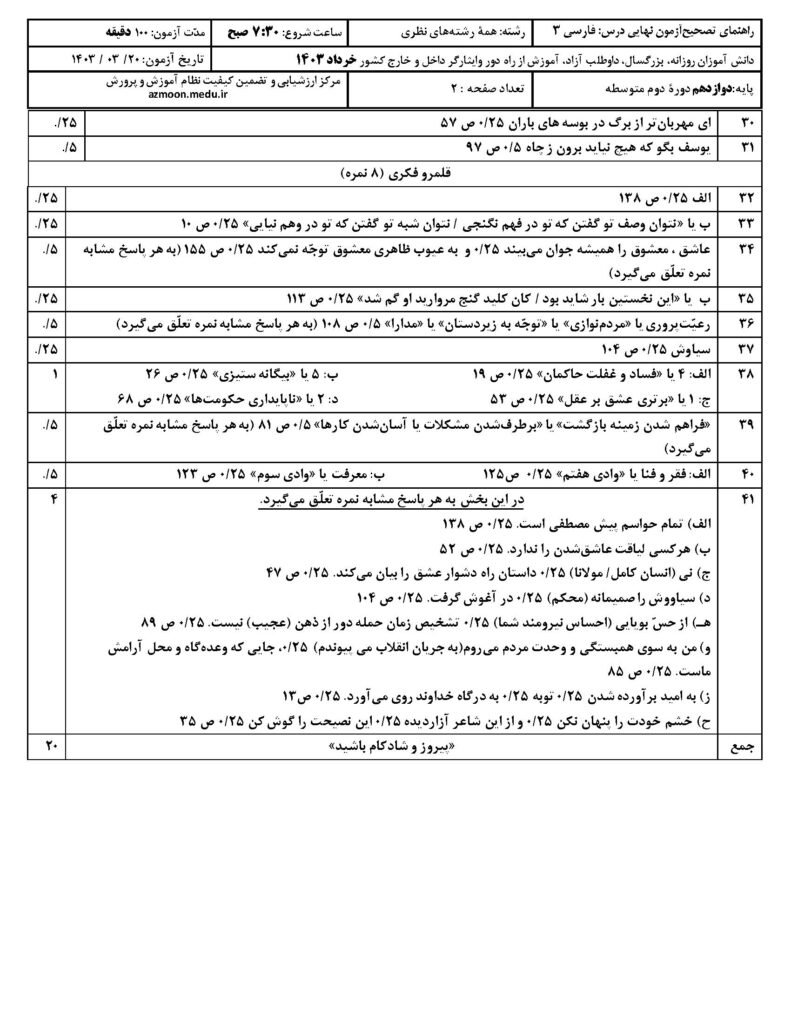 جواب سوالات امتحان نهایی فارسی ۳ دوازدهم خرداد ۱۴۰۳
