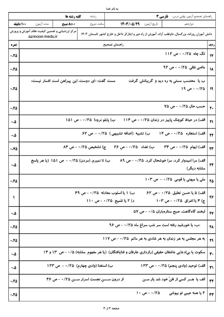 جواب سوالات امتحان نهایی فارسی ۳ دوازدهم شهریور ۱۴۰۳