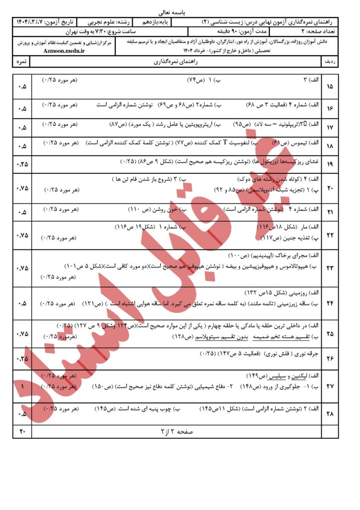 جواب سوالات امتحان نهایی زیست شناسی ۲ رشته تجربی خرداد ۱۴۰۴
