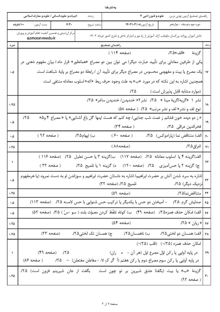 جواب سوالات امتحان نهایی علوم و فنون ادبی ۳ دوازدهم انسانی و معارفاسلامی خرداد ۱۴۰۳