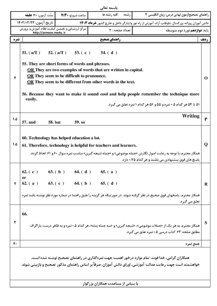 جواب سوالات امتحان نهایی زبان انگلیسی ۳ خرداد ۱۴۰۳