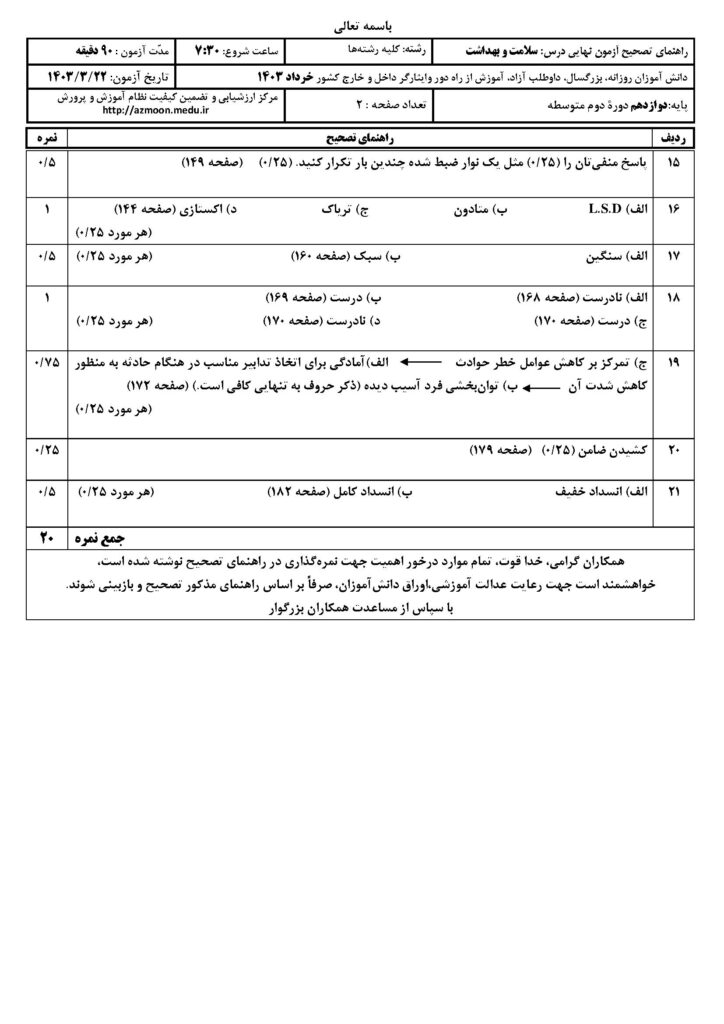 جواب سوالات امتحان نهایی سلامت و بهداشت خرداد ۱۴۰۳