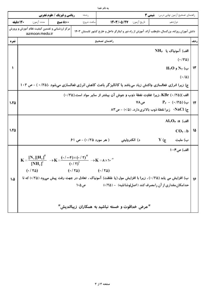 ج شیمی ۳ ت و ر ش ۴۰۳