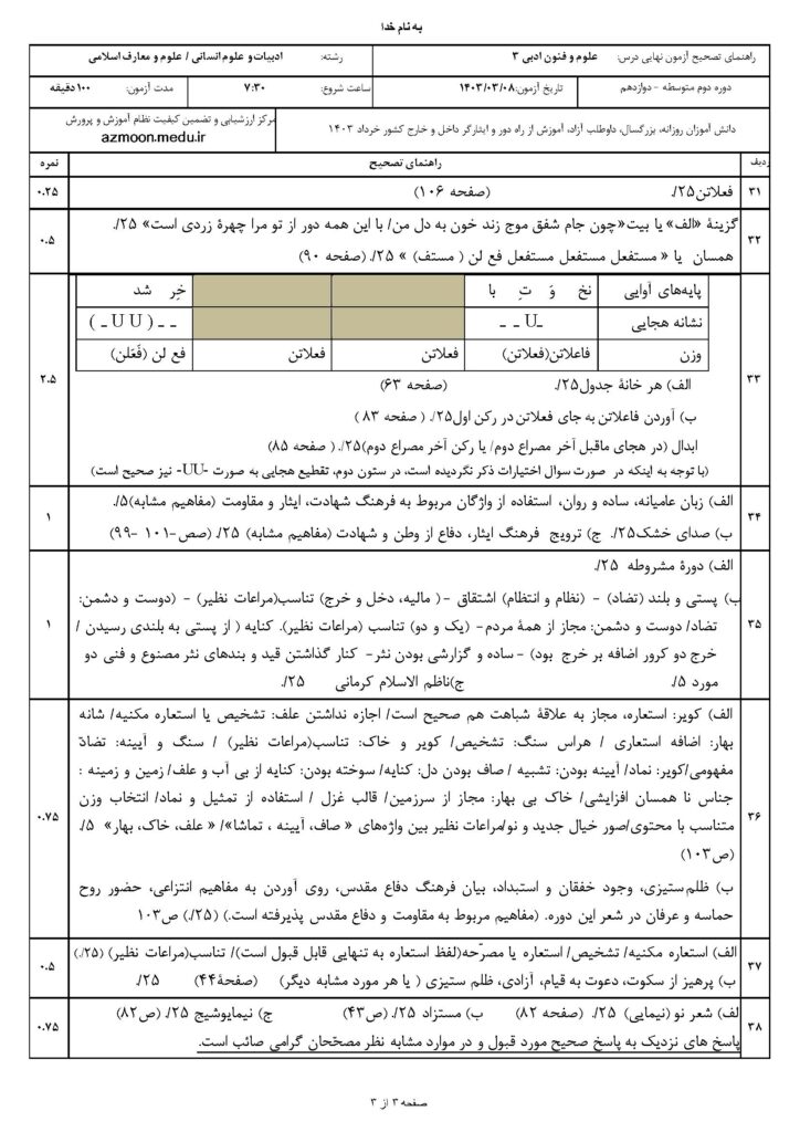 جواب سوالات امتحان نهایی علوم و فنون ادبی ۳ دوازدهم انسانی و معارفاسلامی خرداد ۱۴۰۳