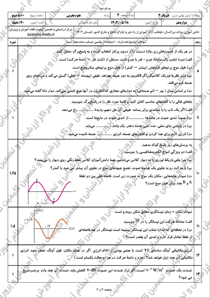 فیزیک ۳ ت ش ۴۰۳