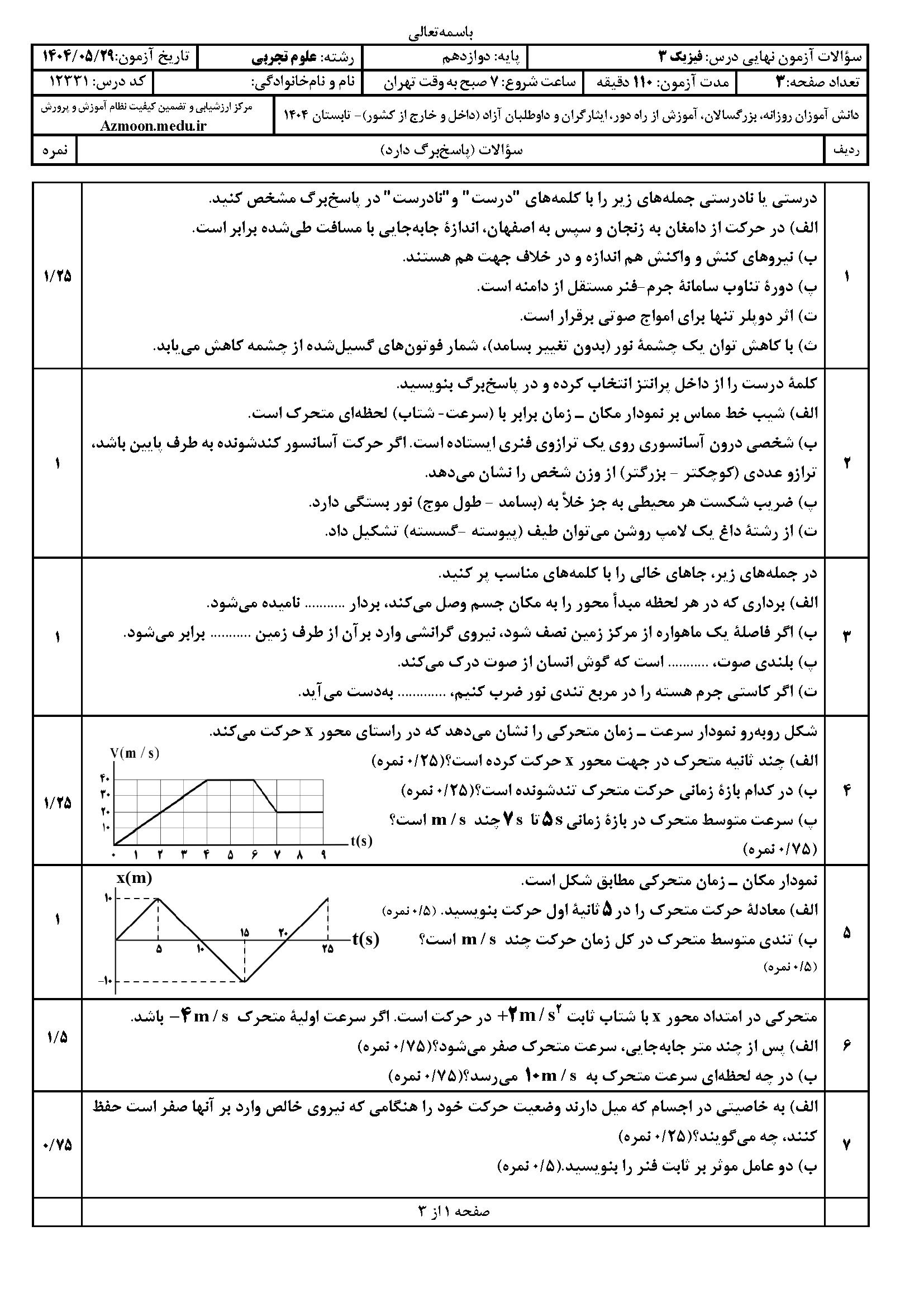 سوالات امتحان نهایی فیزیک ۳ دوازدهم تجربی