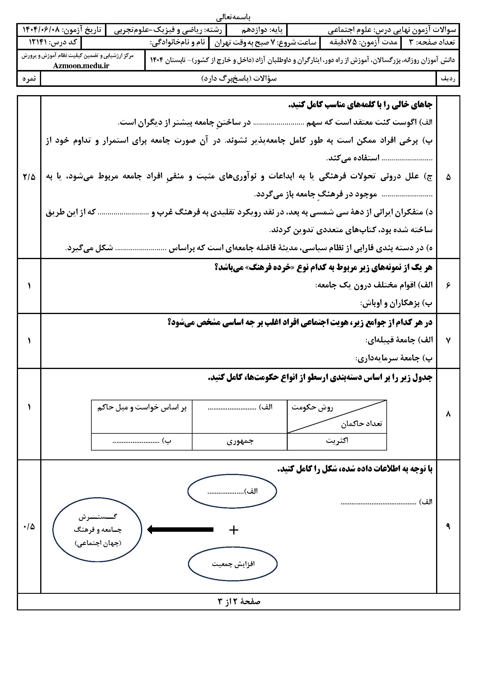 سوالات امتحان نهایی علوم اجتماعی دوازدهم