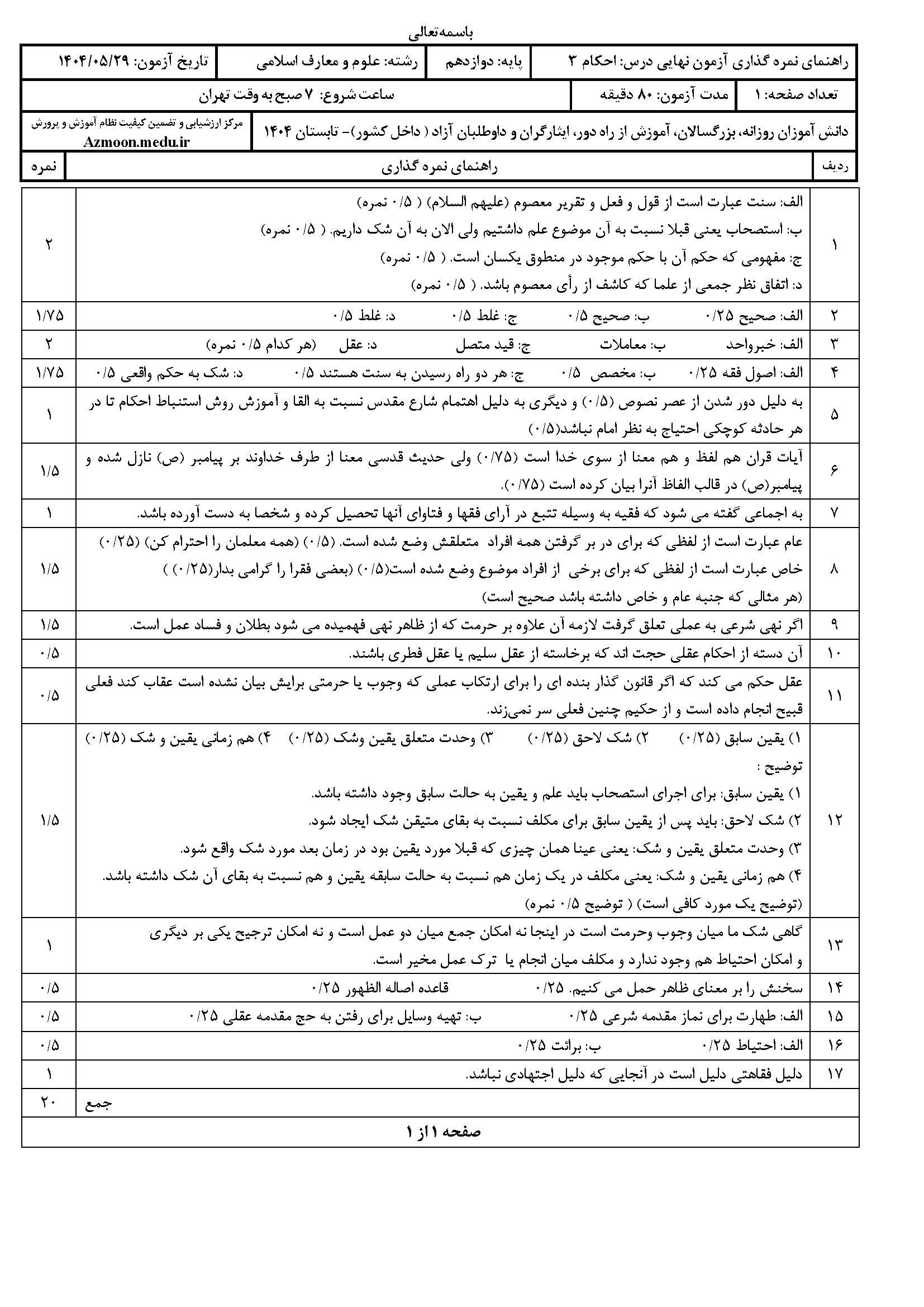 سوالات امتحان نهایی احکام ۳ دوازدهم رشته معارف‌اسلامی