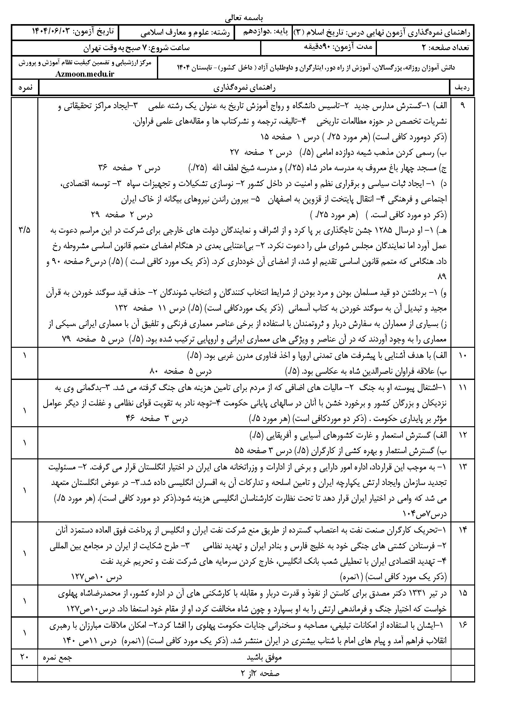 سوالات امتحان نهایی تاریخ ۳ دوازدهم معارف