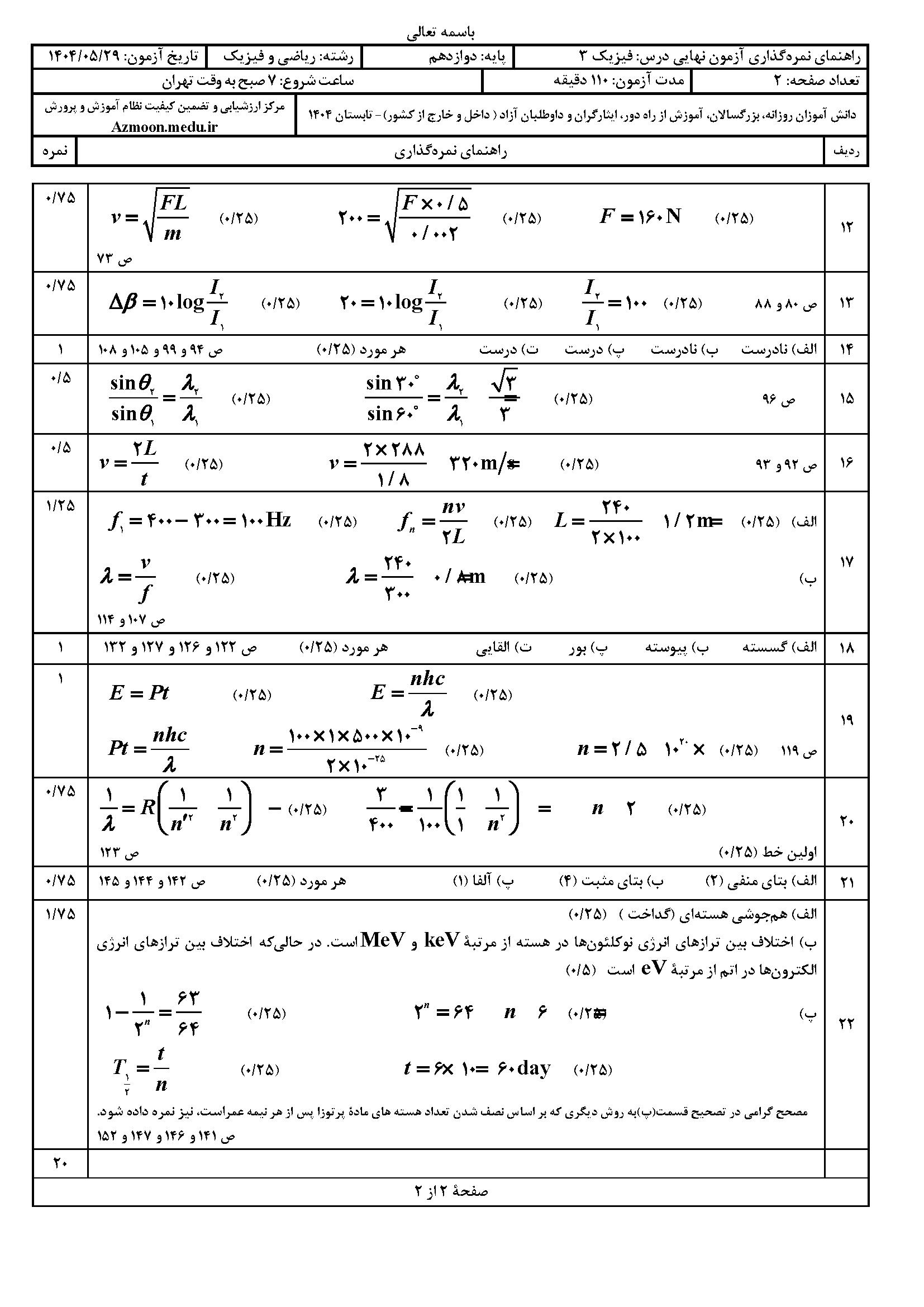 سوالات امتحان نهایی فیزیک ۳ دوازدهم ریاضی