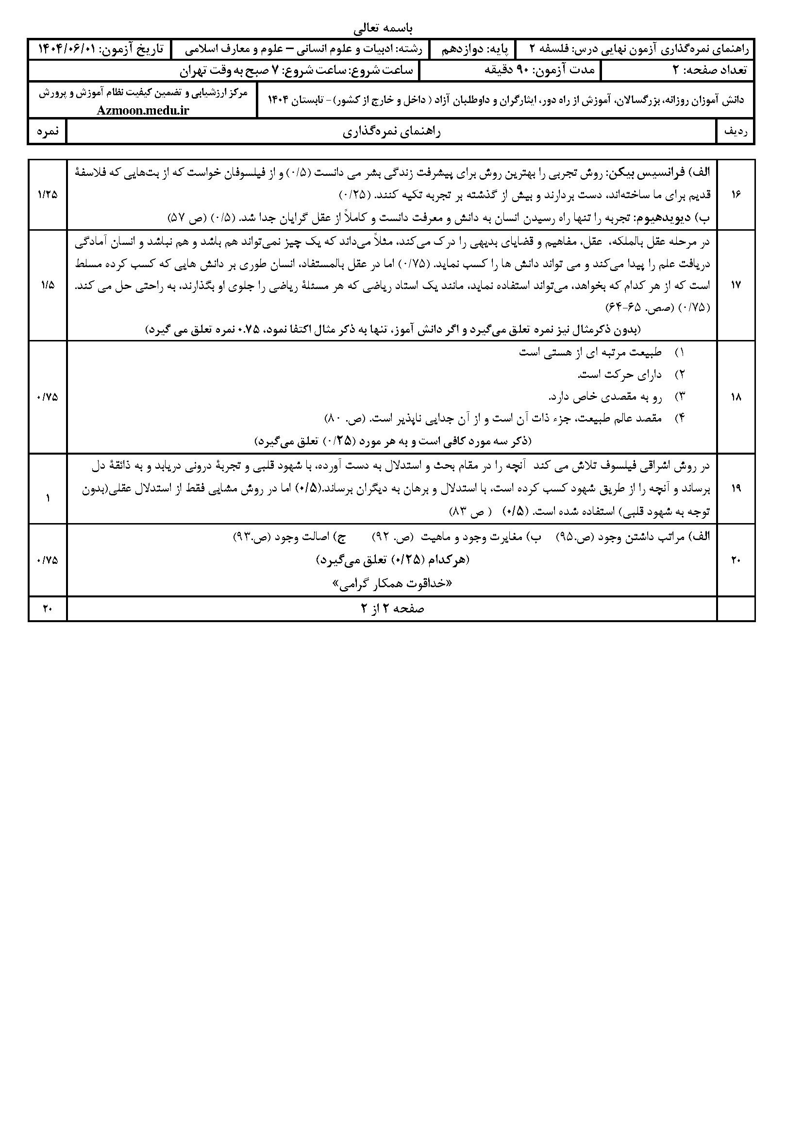 سوالات امتحان نهایی فلسفه ۲ دوازدهم