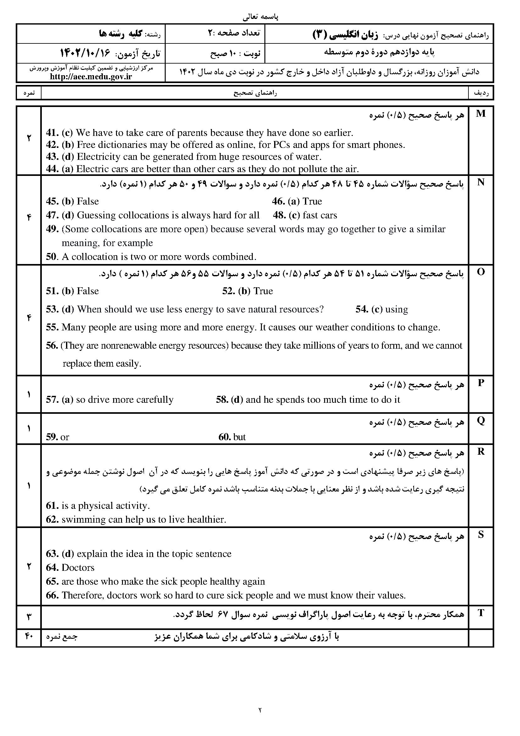سوالات امتحان نهایی زبان انگلیسی دوازدهم دی ۱۴۰۲ همراه با جواب