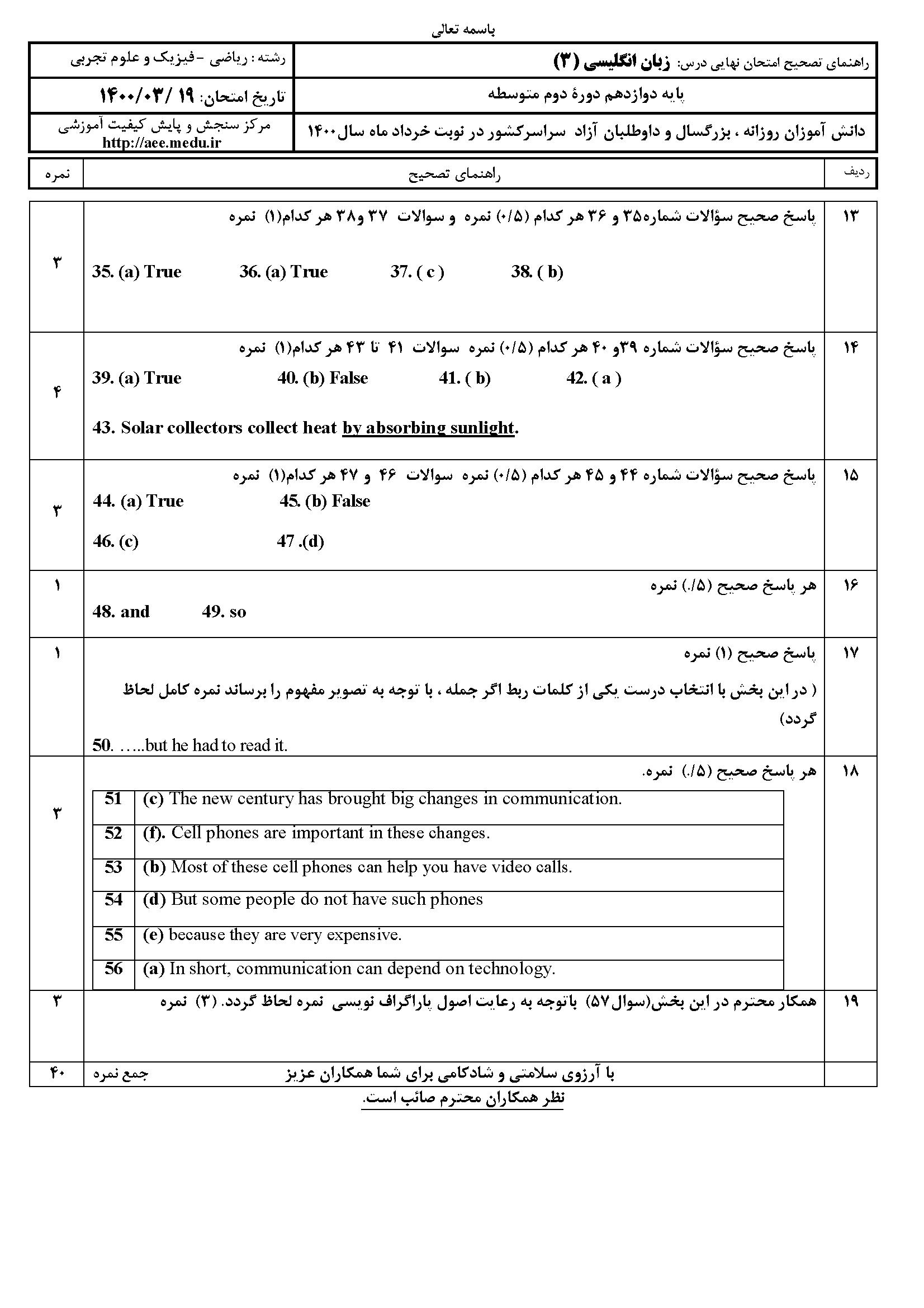 سوالات امتحان نهایی زبان خارجی ۳ دوازدهم ۱۴۰۰ رشته تجربی و ریاضی