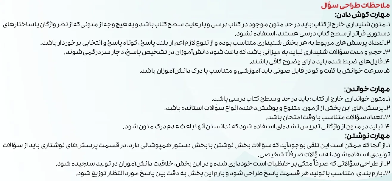 راهنمای طراحی سوالات امتحان نهایی زبان انگلیسی دوازدهم