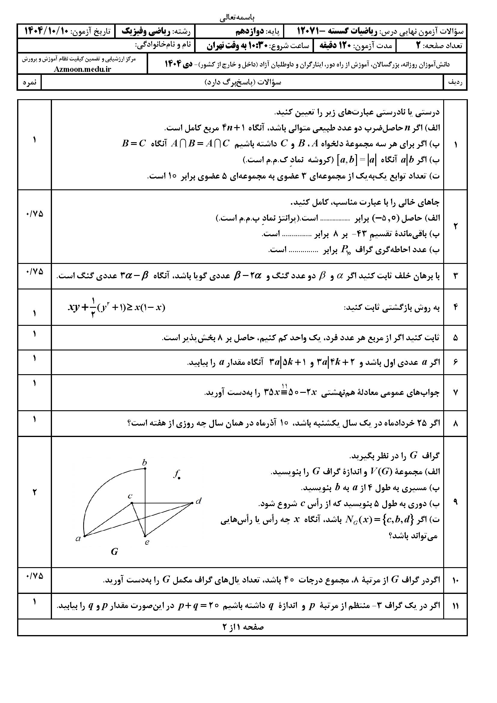 سوالات امتحان نهایی گسسته دوازدهم دی ماه ۱۴۰۴