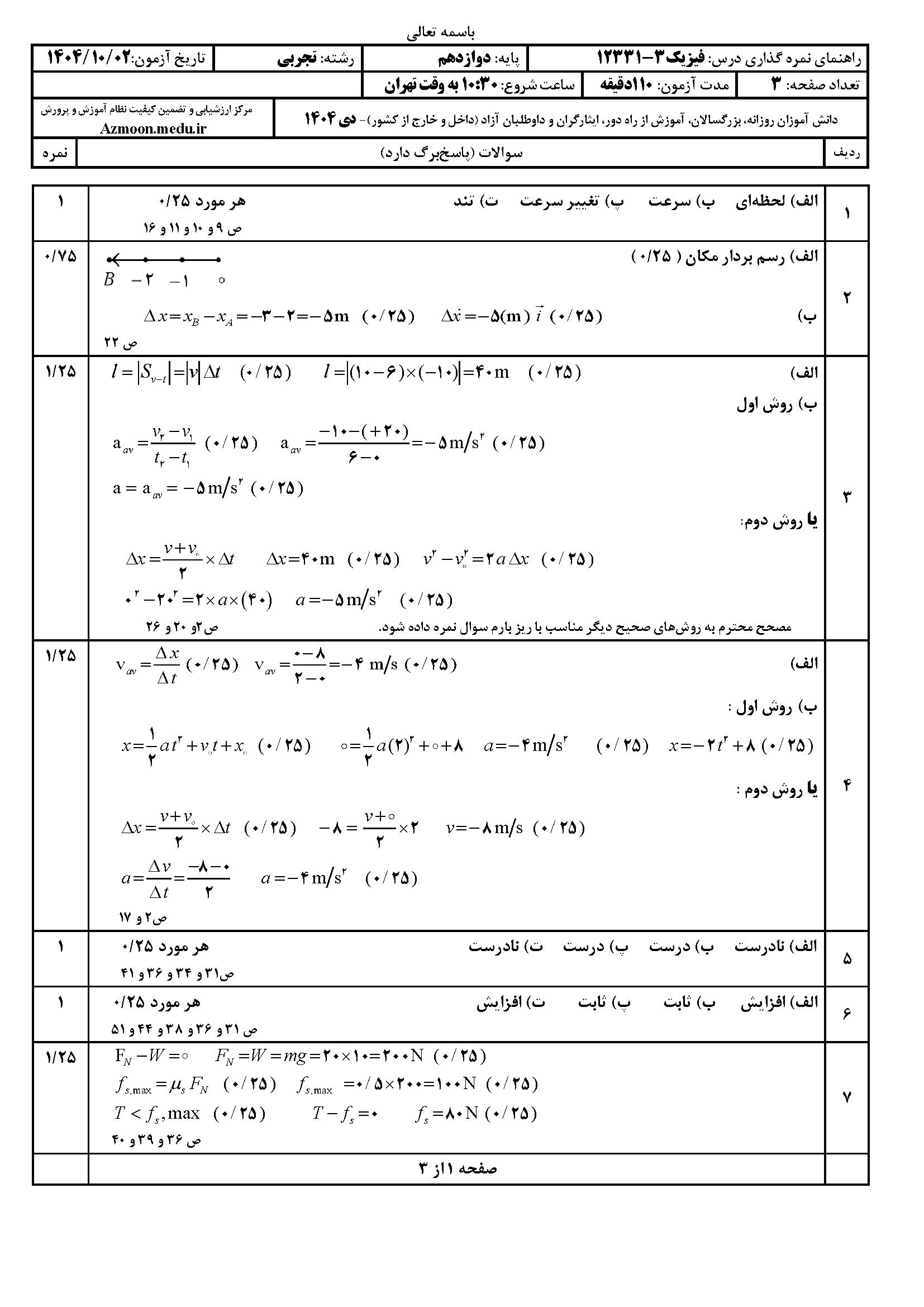 سوالات نهایی فیزیک دوازدهم با جواب ۱۴۰۴