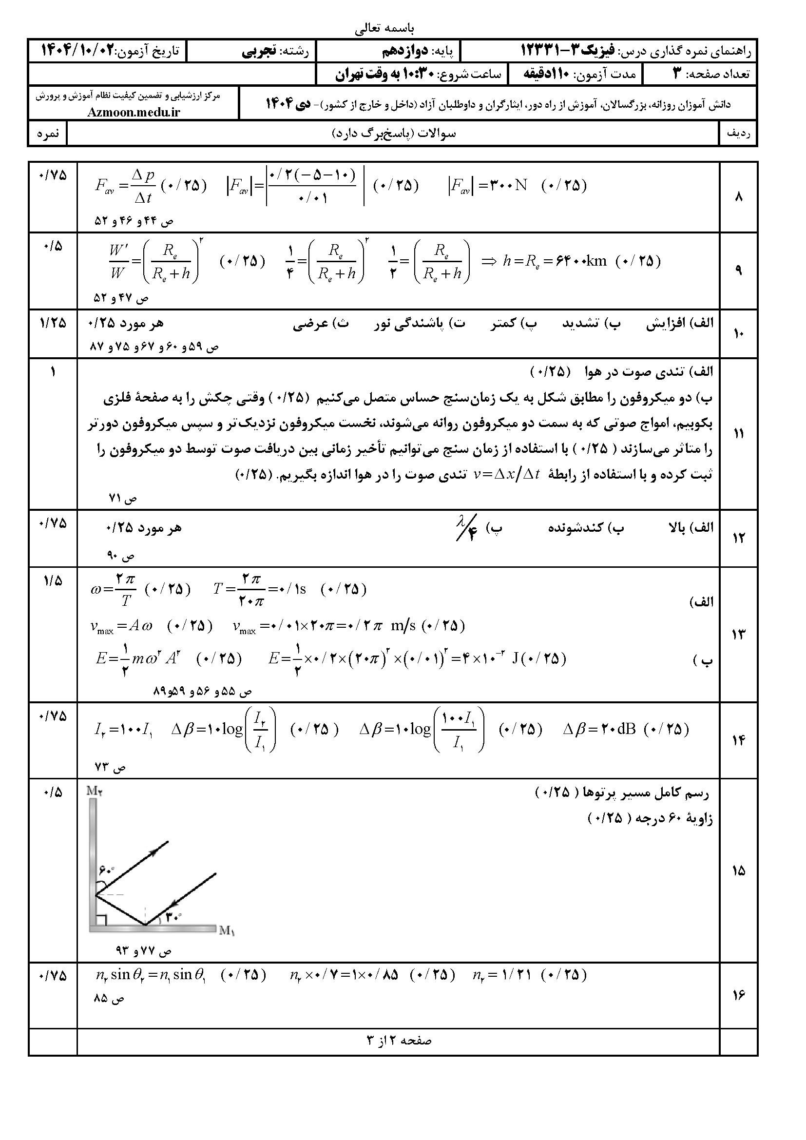 سوالات نهایی فیزیک دوازدهم با جواب ۱۴۰۴