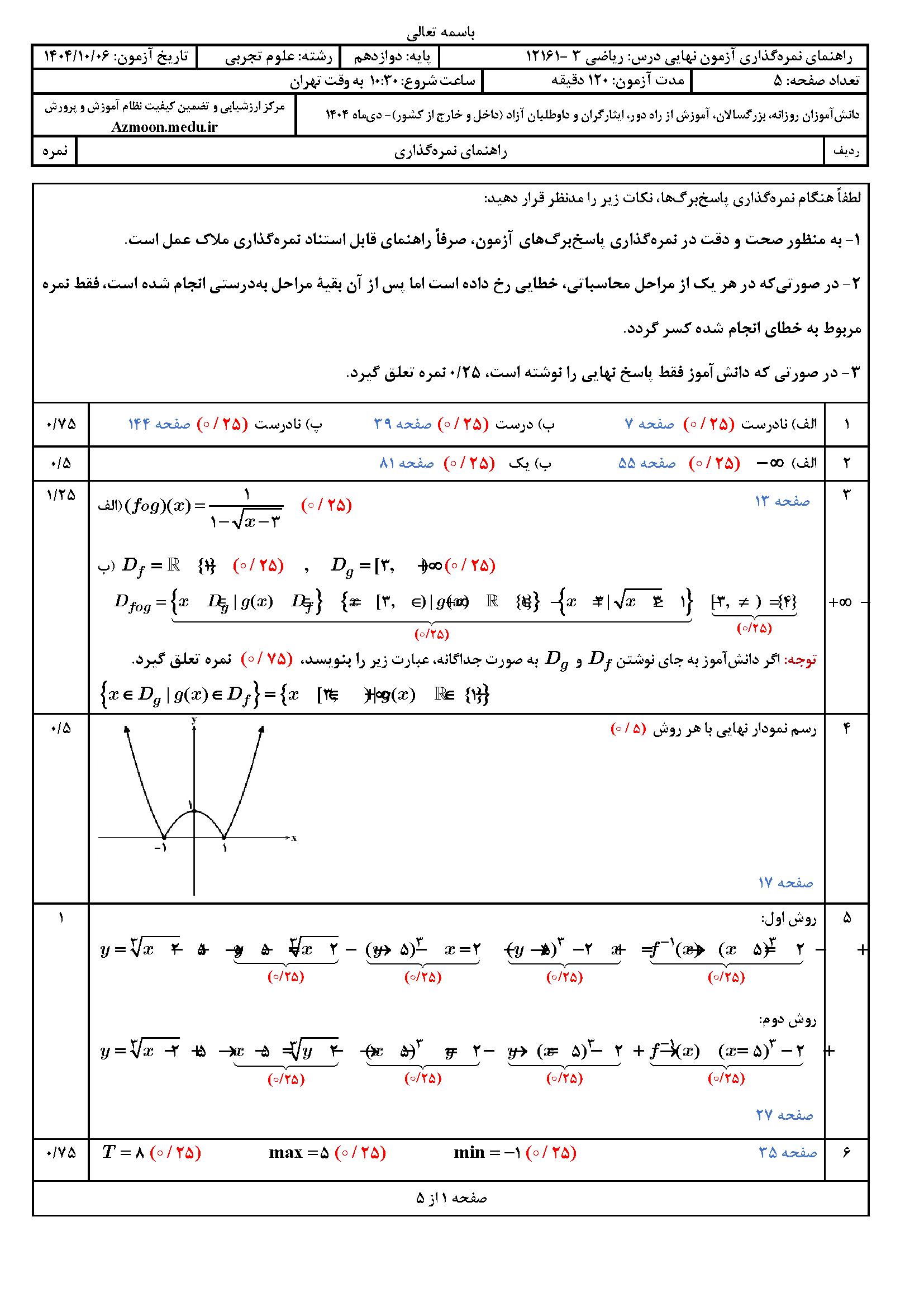 پاسخنامه امتحان نهایی ریاضی دوازدهم تجربی ۱۴۰۴