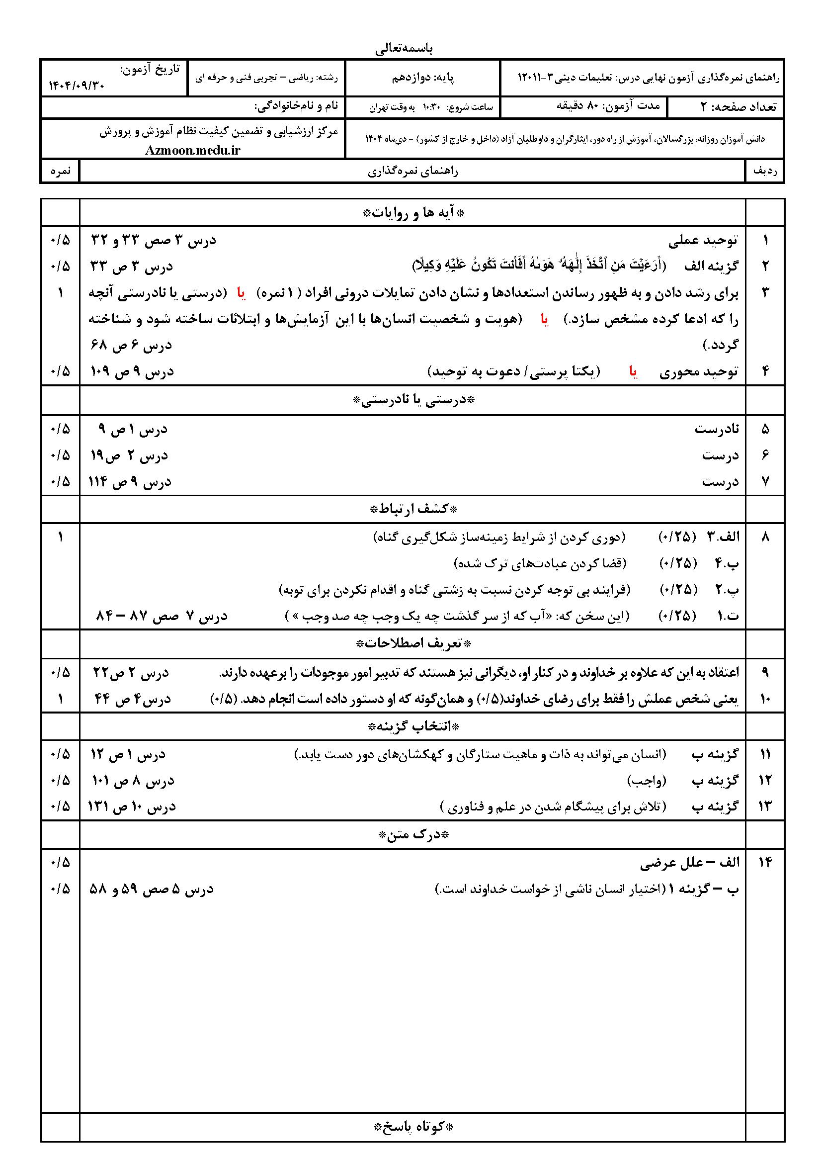 امتحان نهایی دینی دوازدهم تجربی ۱۴۰۴ یا جواب
