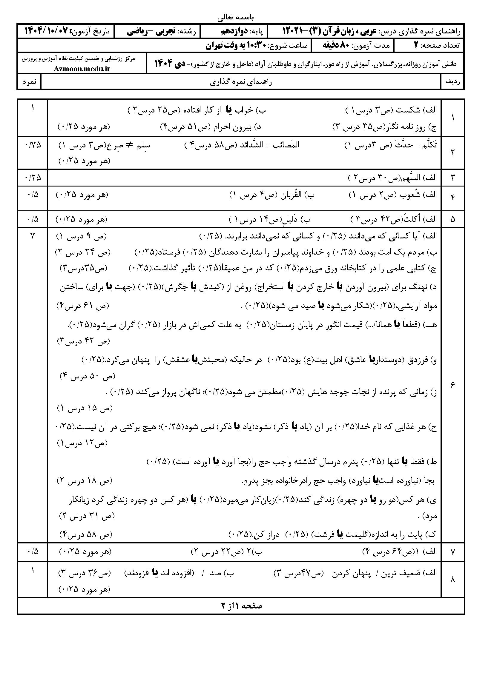 سوالات امتحان نهایی عربی دوازدهم دی ۱۴۰۴