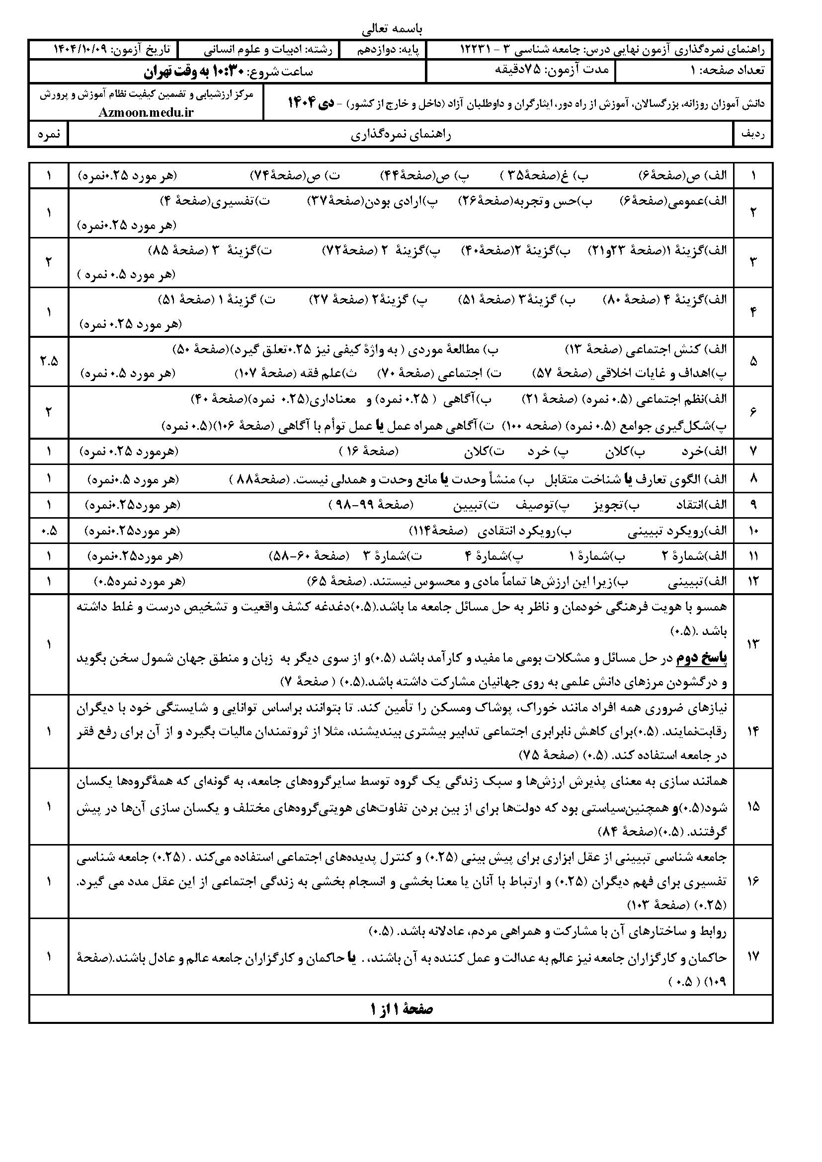 سوالات نهایی جامعه شناسی دوازدهم انسانی ۱۴۰۴ دی ماه