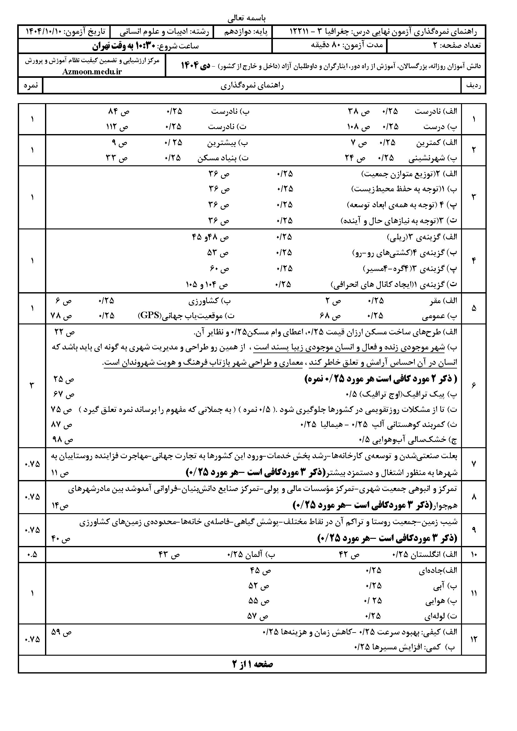 سوالات امتحان نهایی جغرافیا دوازدهم انسانی ۱۴۰۴ دی