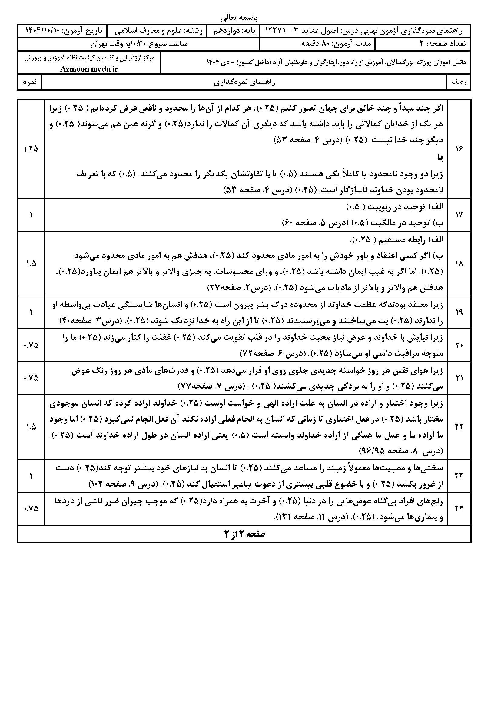 سوالات امتحان نهایی اصول عقاید دوازدهم رشته معارفاسلامی