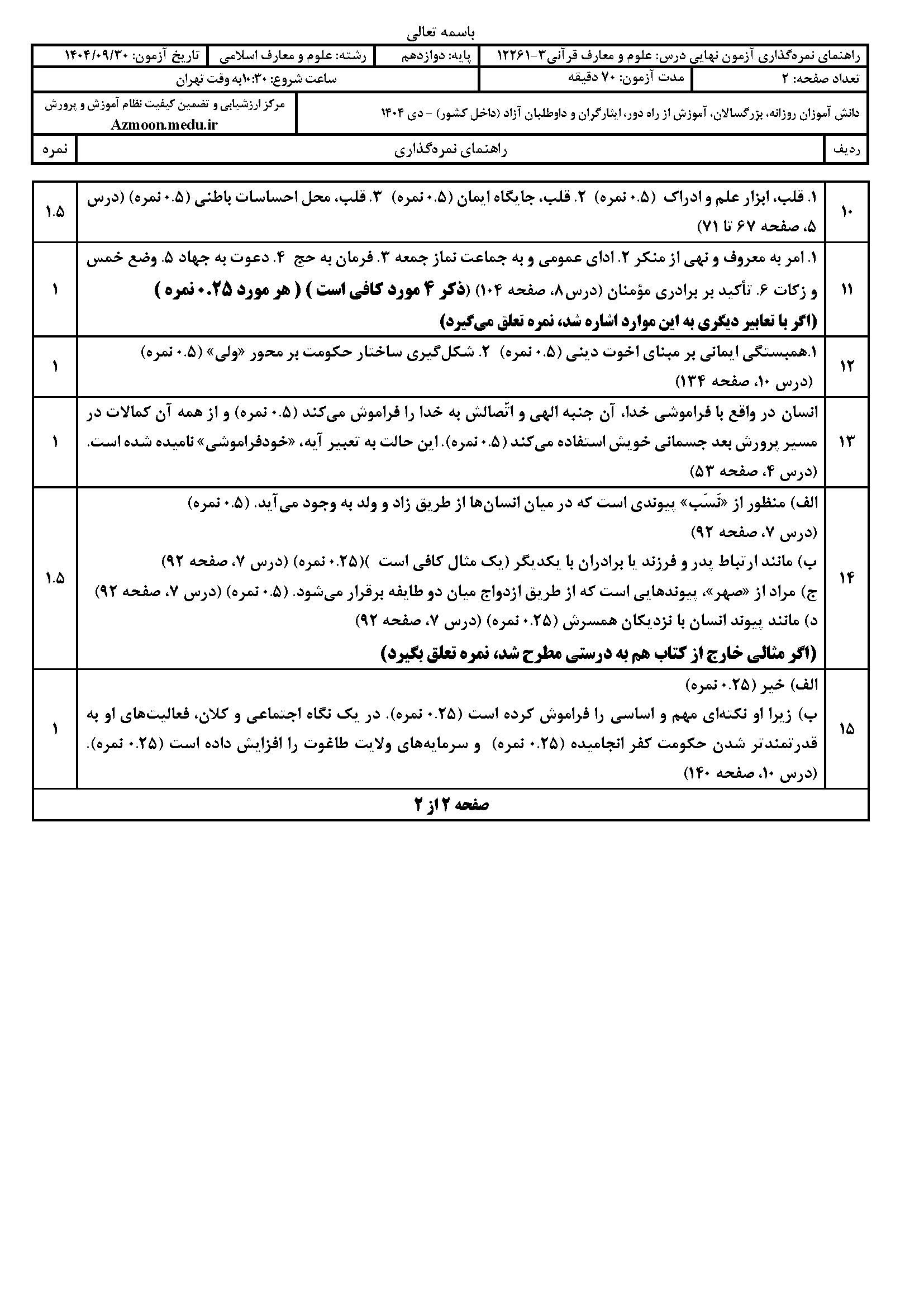 سوالات نهایی علوم و معارف قرآنی دوازدهم با جواب ۱۴۰۴